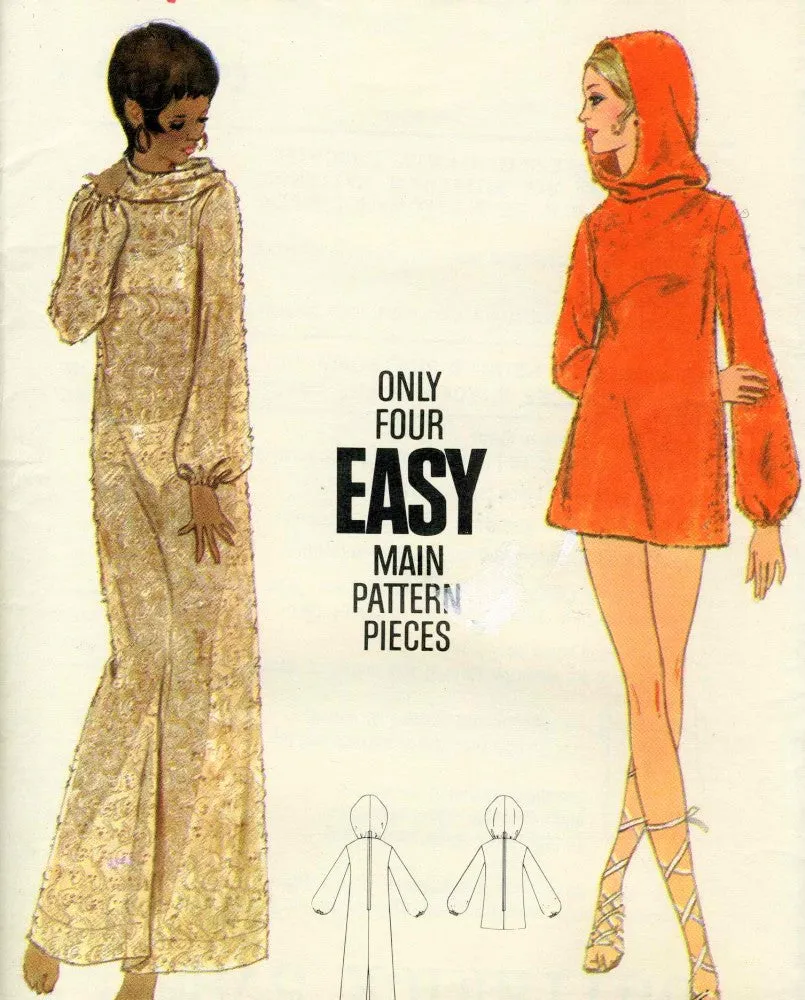 1960s MOD Beach Cover Up Pattern BUTTERICK 5785 Hooded Full Length or Mini Pullover Coverup Beach Dress Lounging Dress Bust 34 Vintage Sewing Pattern UNCUT