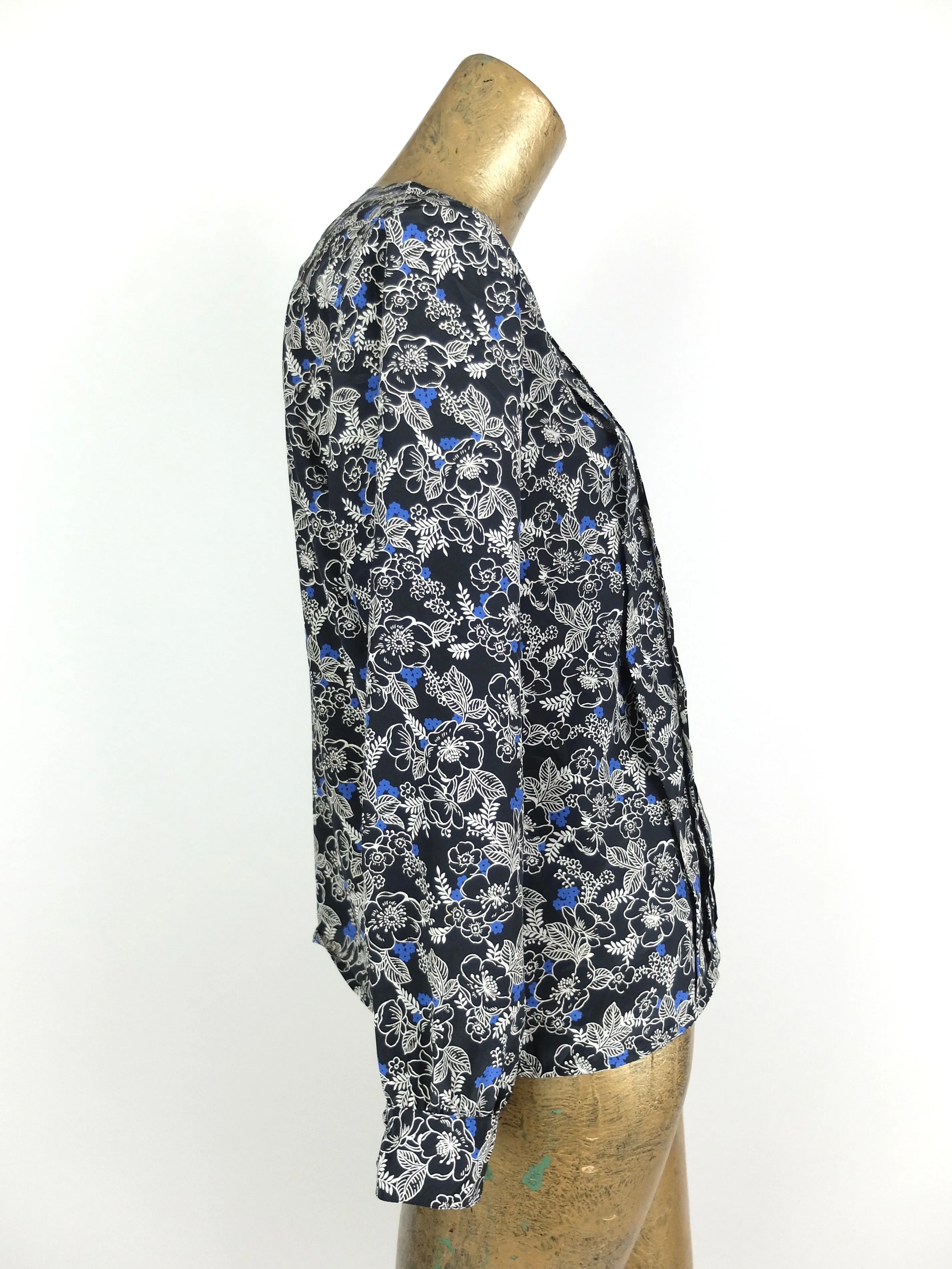 60s Mod Floral Print Front Pleated Long Sleeve Pullover Blouse