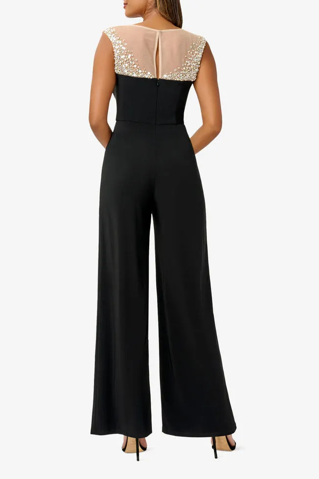 Adrianna Papell jersey jumpsuit with cap sleeves, wide-leg pants, and bateau neck