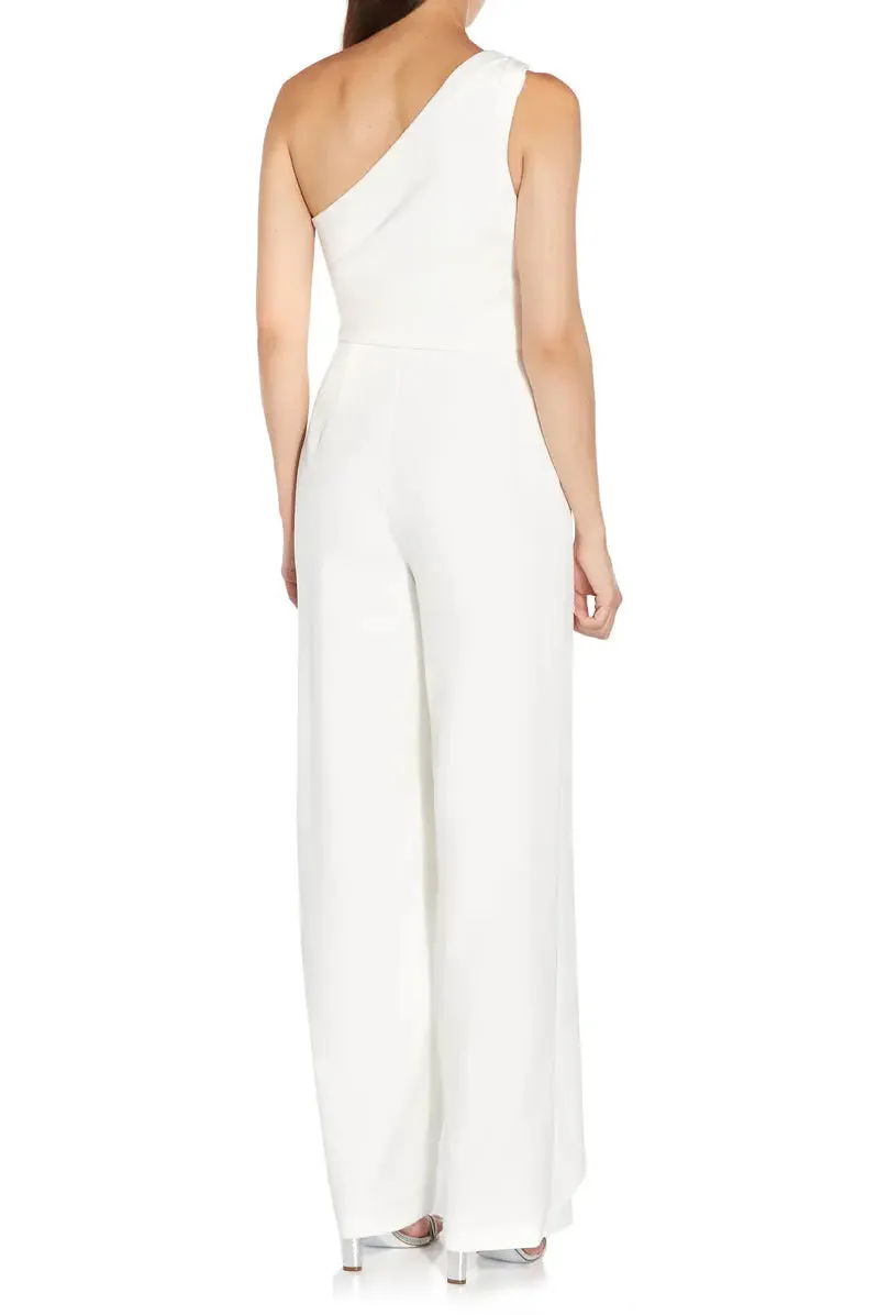 Adrianna Papell One Shoulder Pleated Flared Legs Crepe Jumpsuit