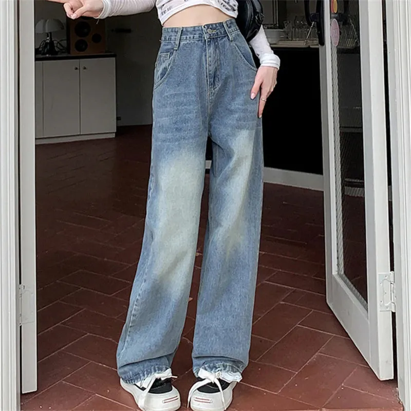 Advbridge  Women's Simple Vintage Design Straight Blue Jeans Street Style Casual Pants Female High Waist Wide Leg Denim Trousers