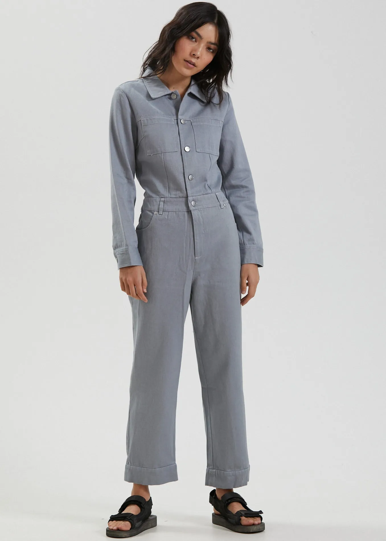 Afends Womens Shelby - Hemp Canvas Long Sleeve Jumpsuit - Shadow