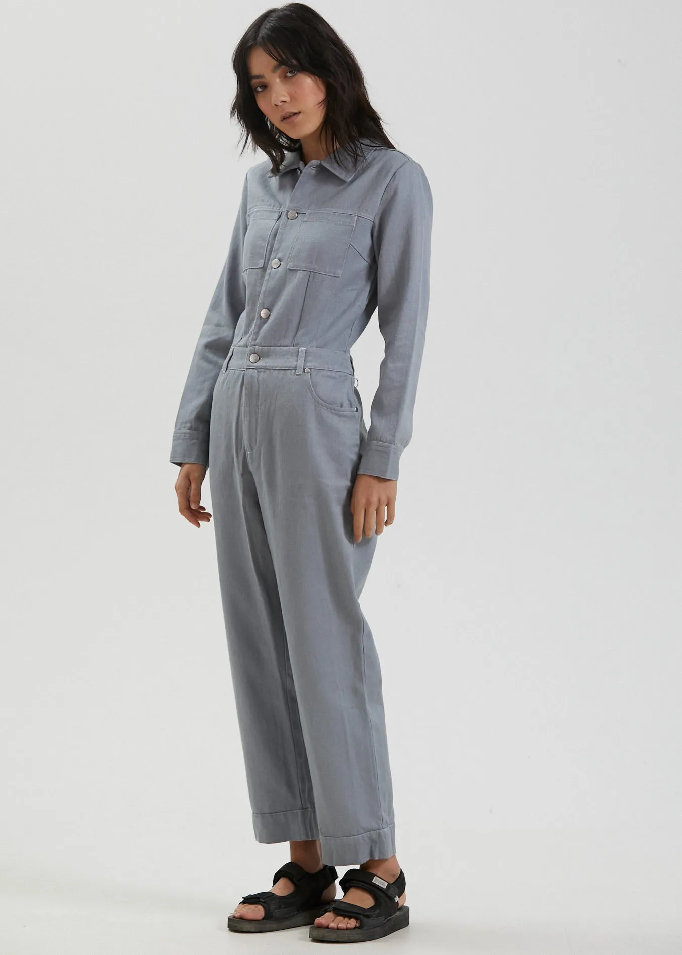 Afends Womens Shelby - Hemp Canvas Long Sleeve Jumpsuit - Shadow