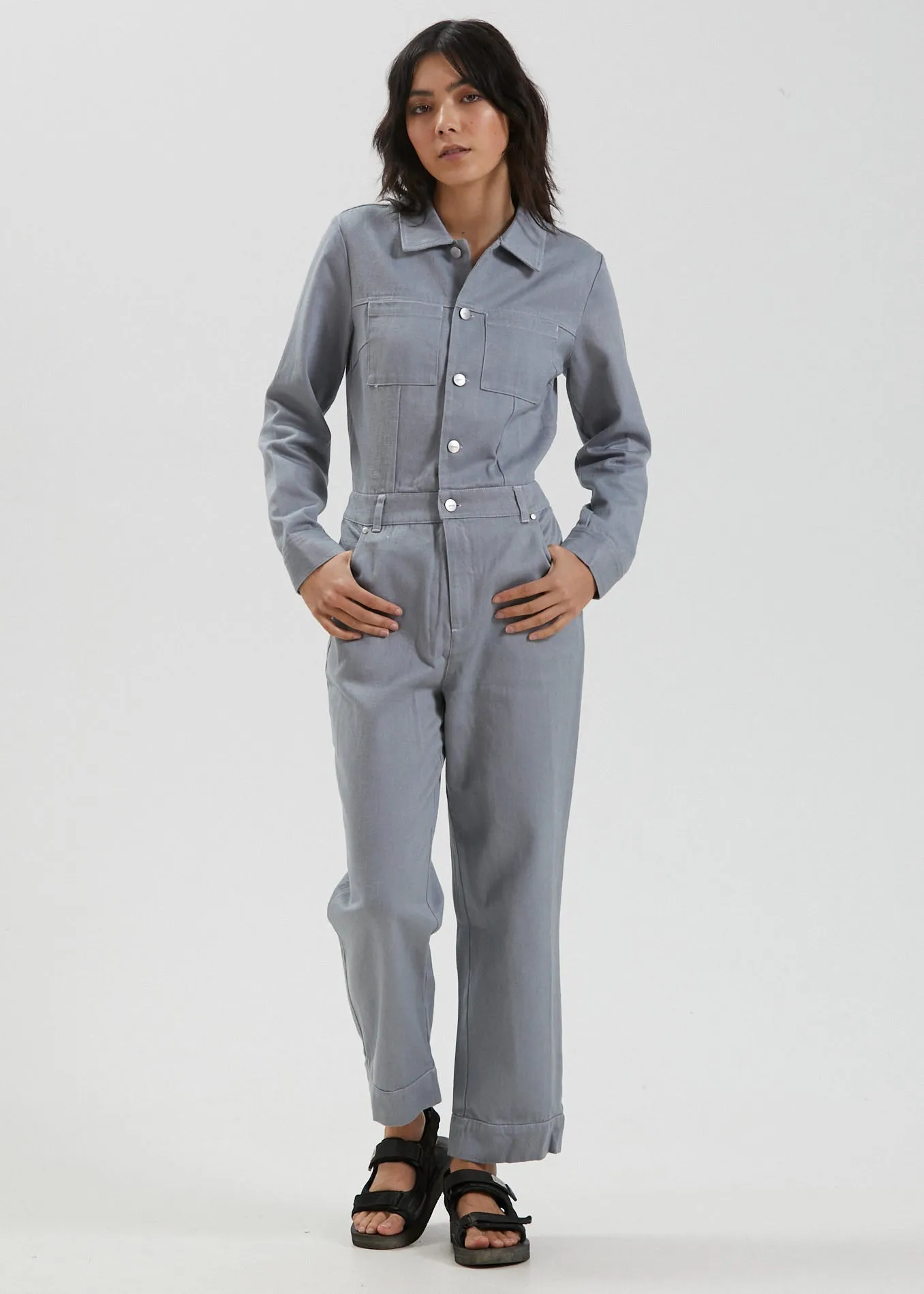 Afends Womens Shelby - Hemp Canvas Long Sleeve Jumpsuit - Shadow