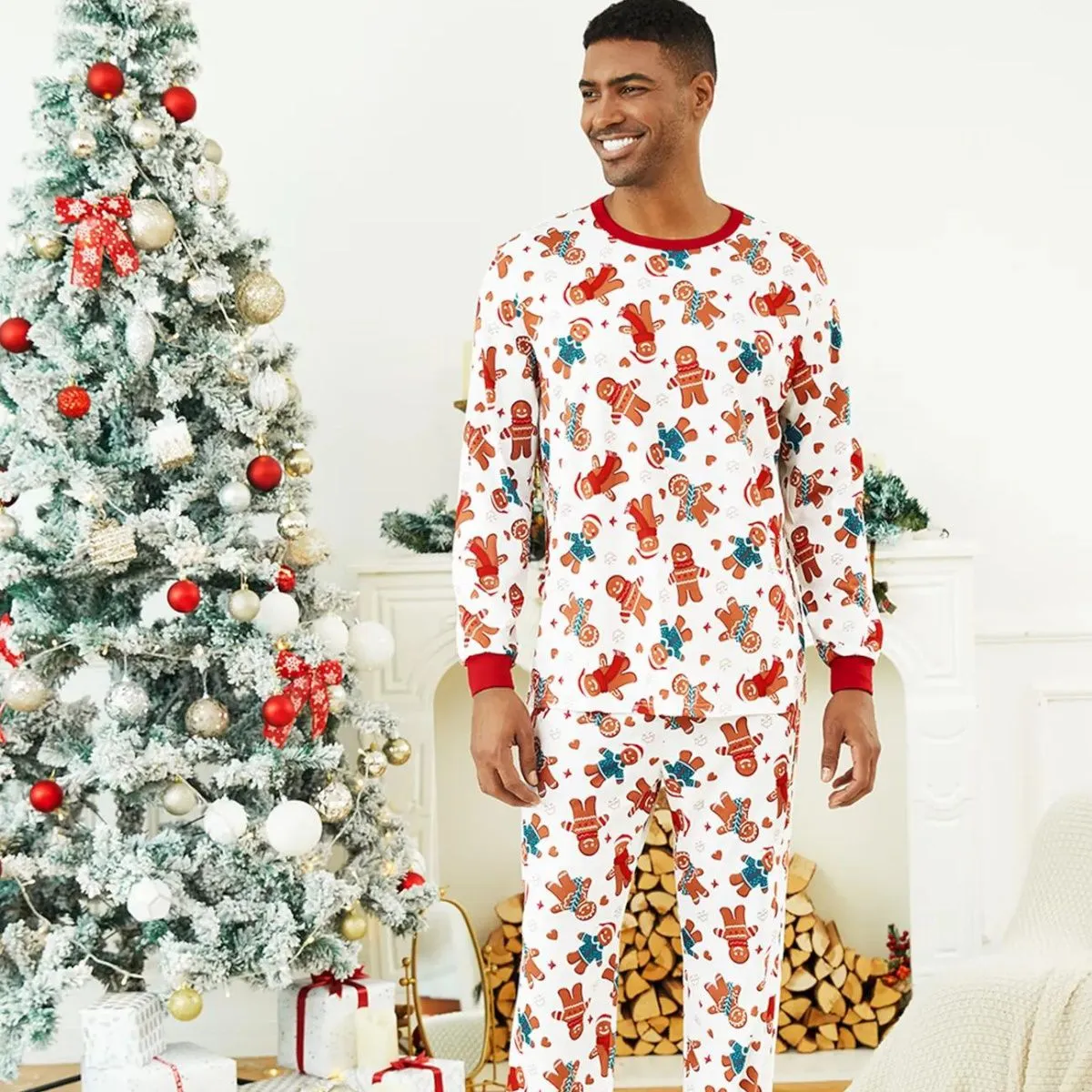 Allover Print Long Sleeve Gingerbread Family Pajamas Christmas