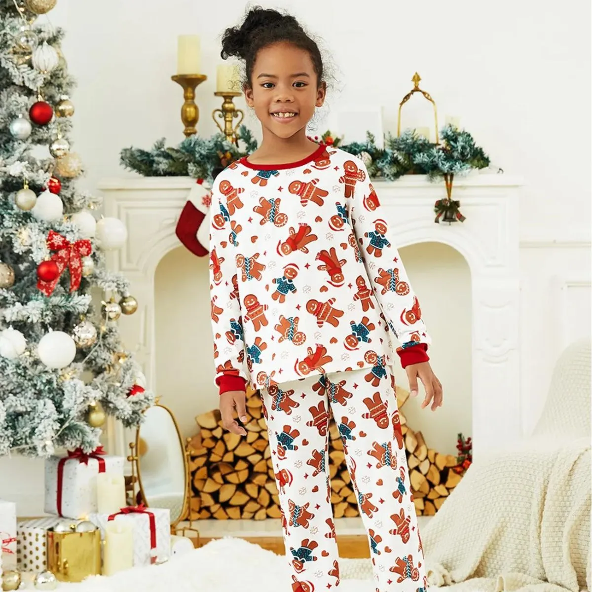 Allover Print Long Sleeve Gingerbread Family Pajamas Christmas