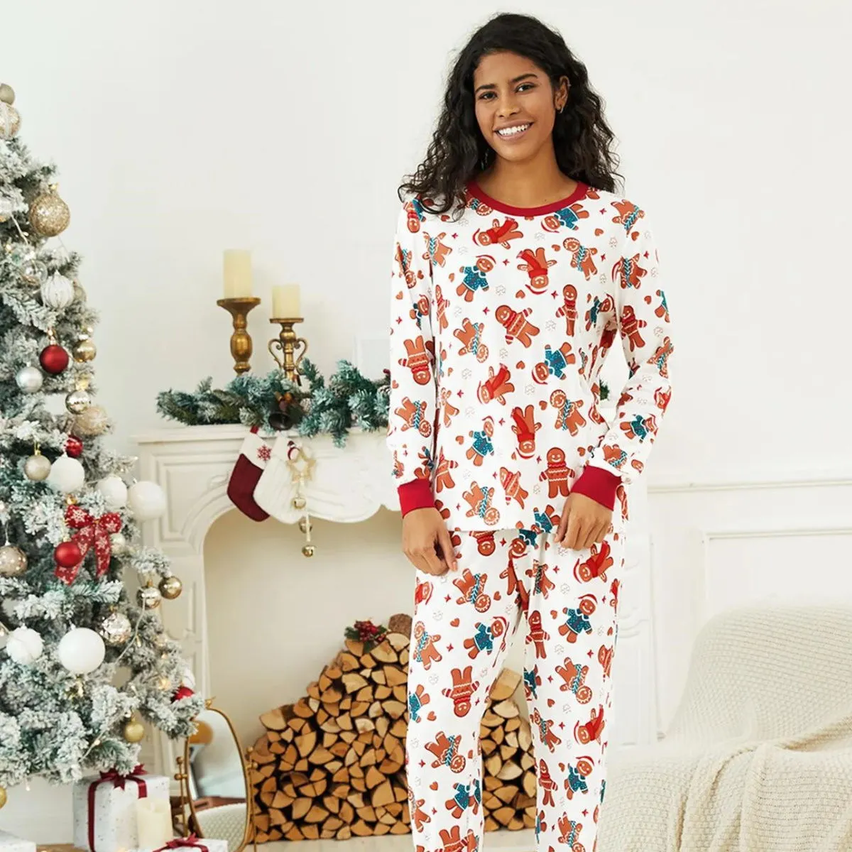 Allover Print Long Sleeve Gingerbread Family Pajamas Christmas