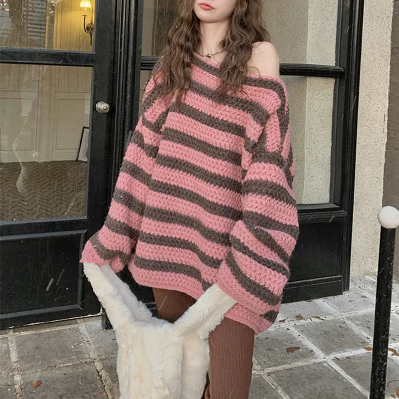 Amozae sweater Autumn and Winter New Retro Striped off-Neck Sweater Loose Lazy Style Age-Reducing Versatile Pullover Sweater for Women