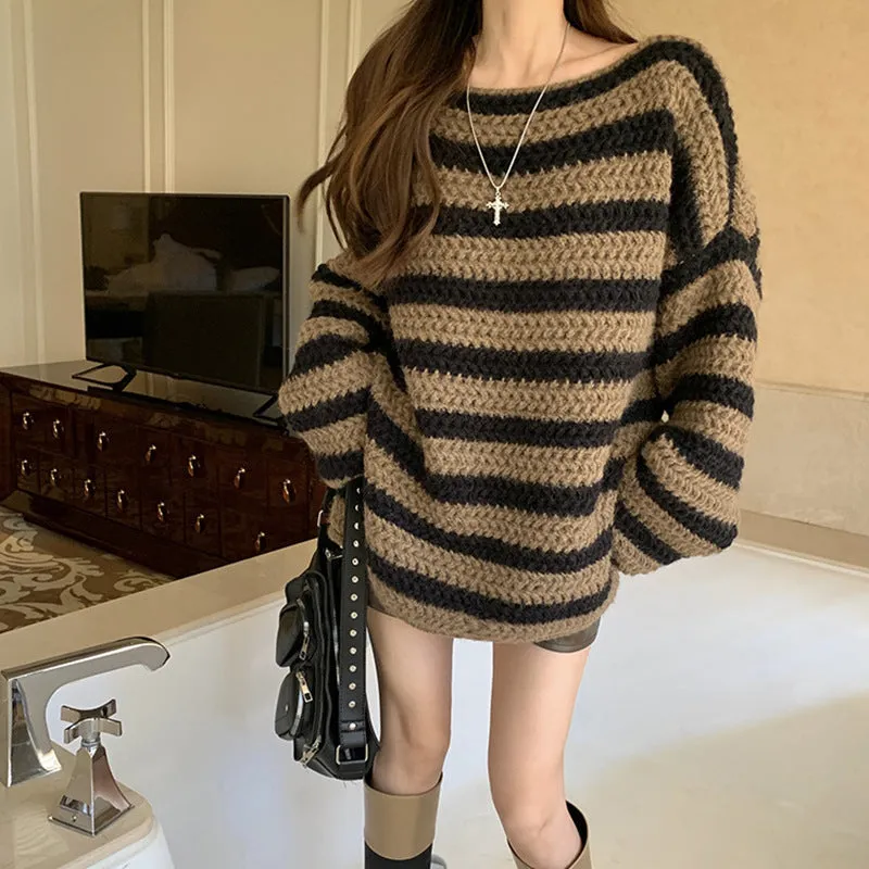 Amozae sweater Autumn and Winter New Retro Striped off-Neck Sweater Loose Lazy Style Age-Reducing Versatile Pullover Sweater for Women