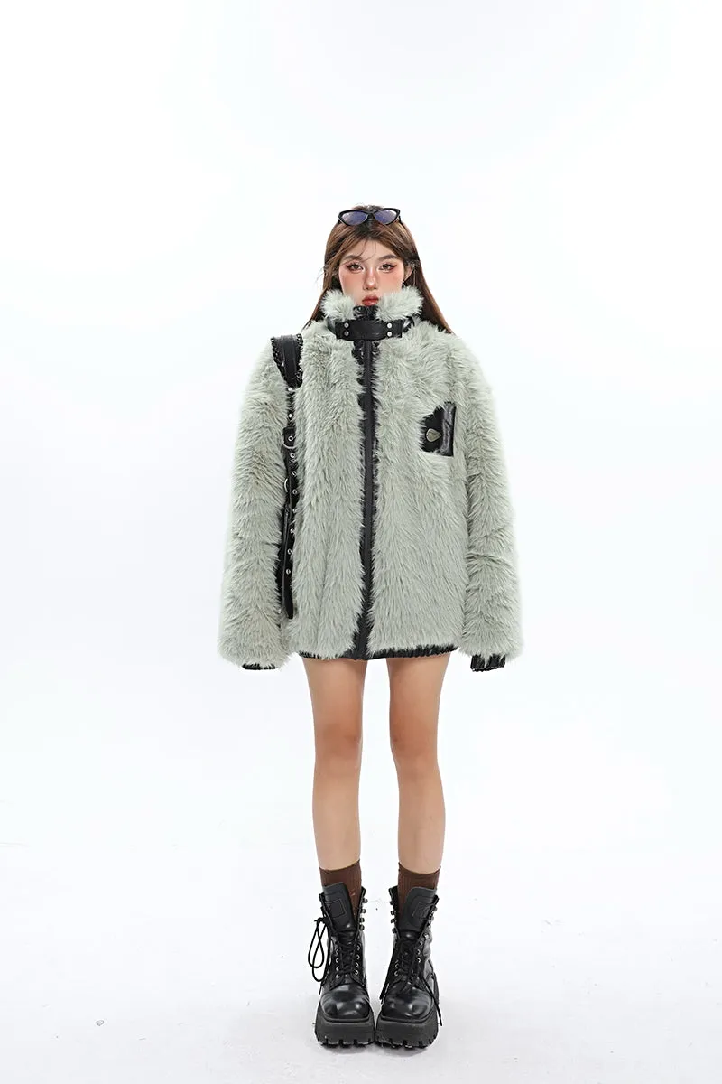 Annabella Faux Fur Patchwork Faux Leather Zip Up Jacket