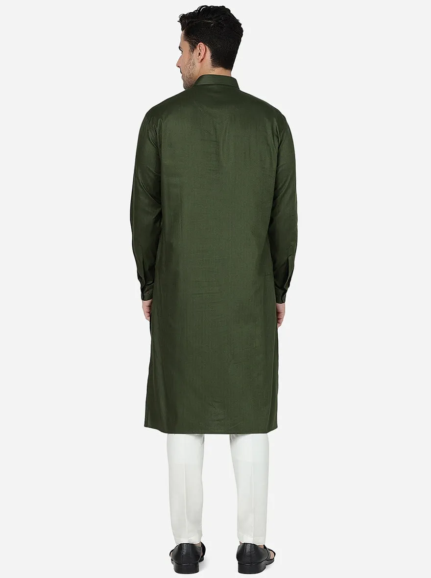 Army Green Solid Regular Fit Modi Kurta | JadeBlue