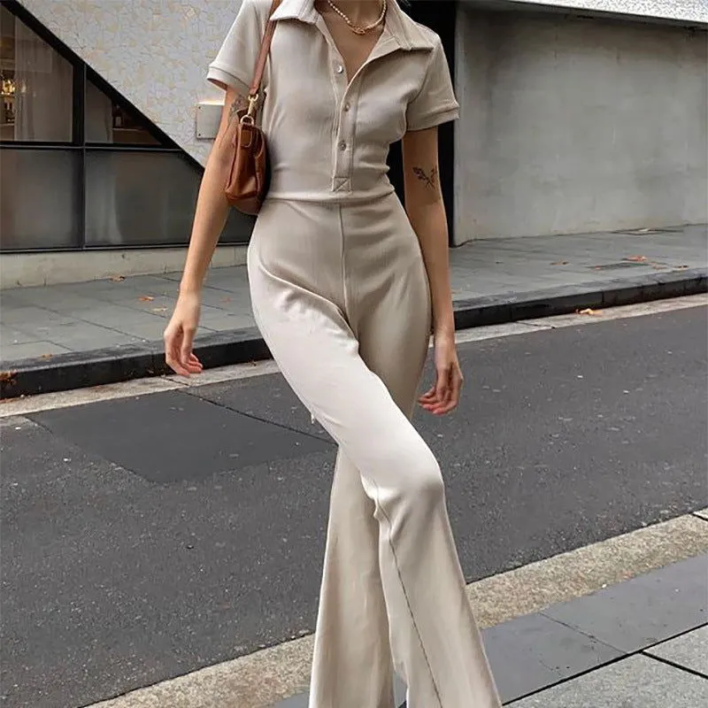 Autumn Winter Women Clothing Casual Tight Backless Collared Button Jumpsuit Women Bootcut Pants