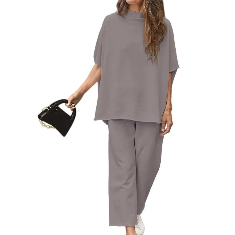 Batwing Sleeve And Wide Length Trousers Set