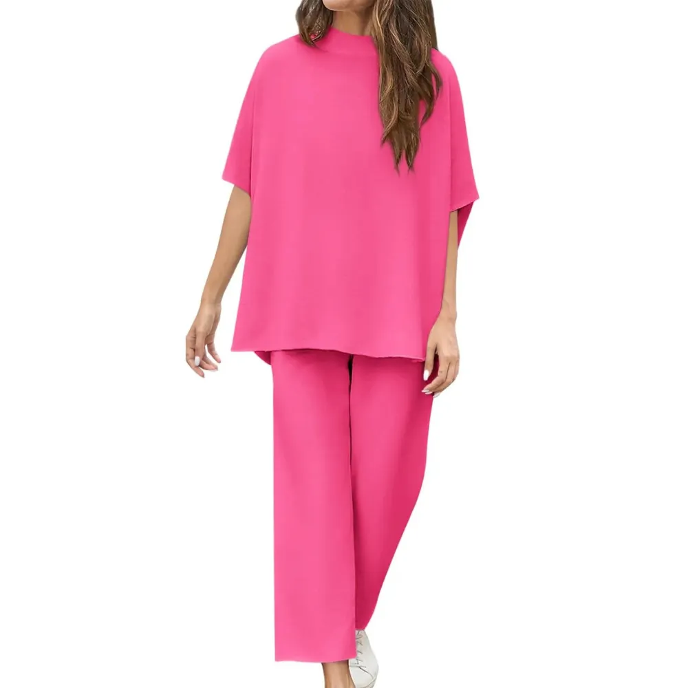 Batwing Sleeve And Wide Length Trousers Set