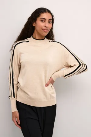 BEIGE KNIT SWEATER WITH STRIPED DETAIL ON SLEEVE