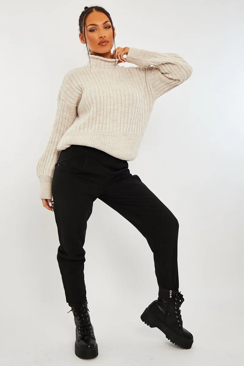 Beige Ribbed Balloon Sleeve Jumper - Jamora