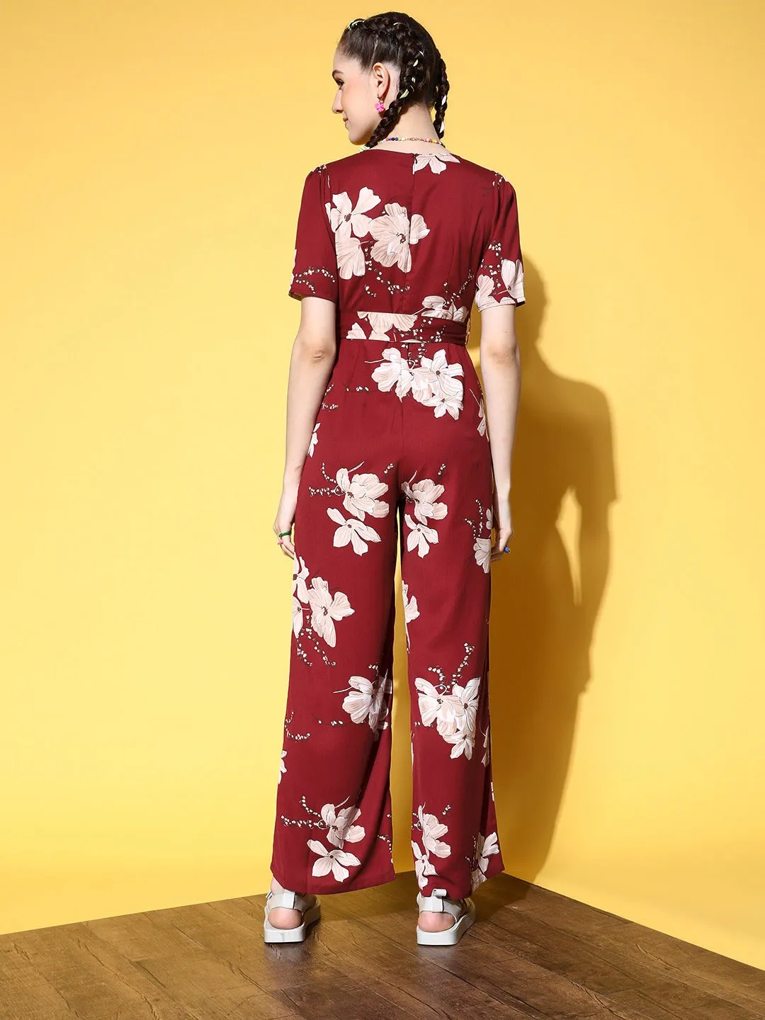 Berrylush Women Maroon & White Floral Printed V-Neck Waist Tie-Up Polyester Basic Jumpsuit