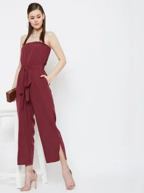 Berrylush Women Solid Maroon Off-Shoulder Waist Tie-Up Slited Jumpsuit