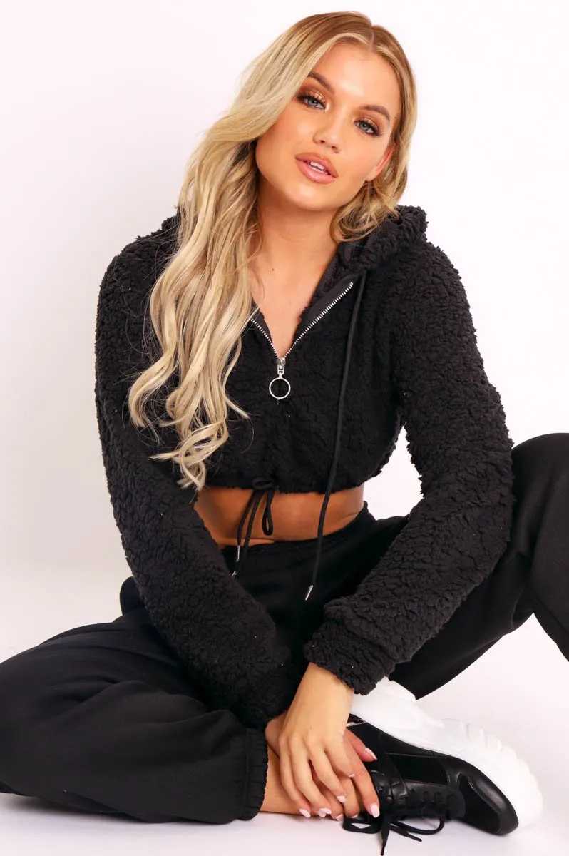 Black 3/4 Zip Cropped Teddy Jumper - Ethelyn