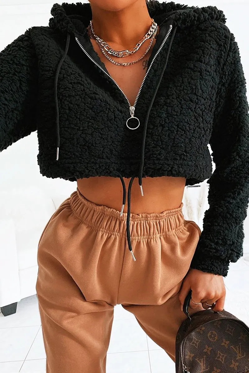 Black 3/4 Zip Cropped Teddy Jumper - Ethelyn