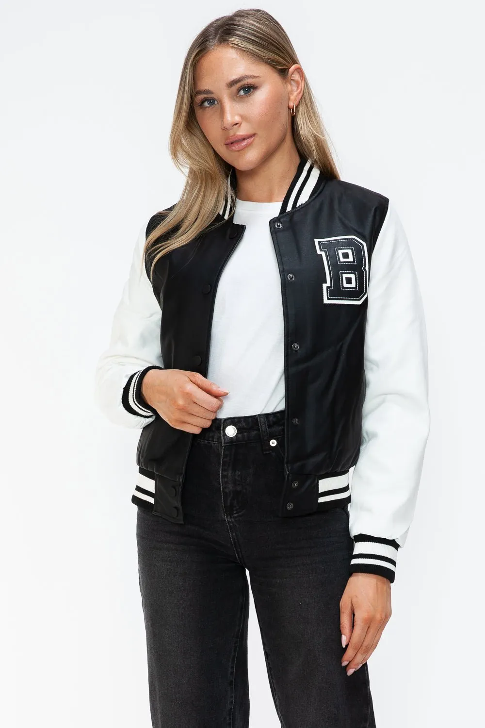 Black & White Vegan Leather Varsity Bomber Jacket