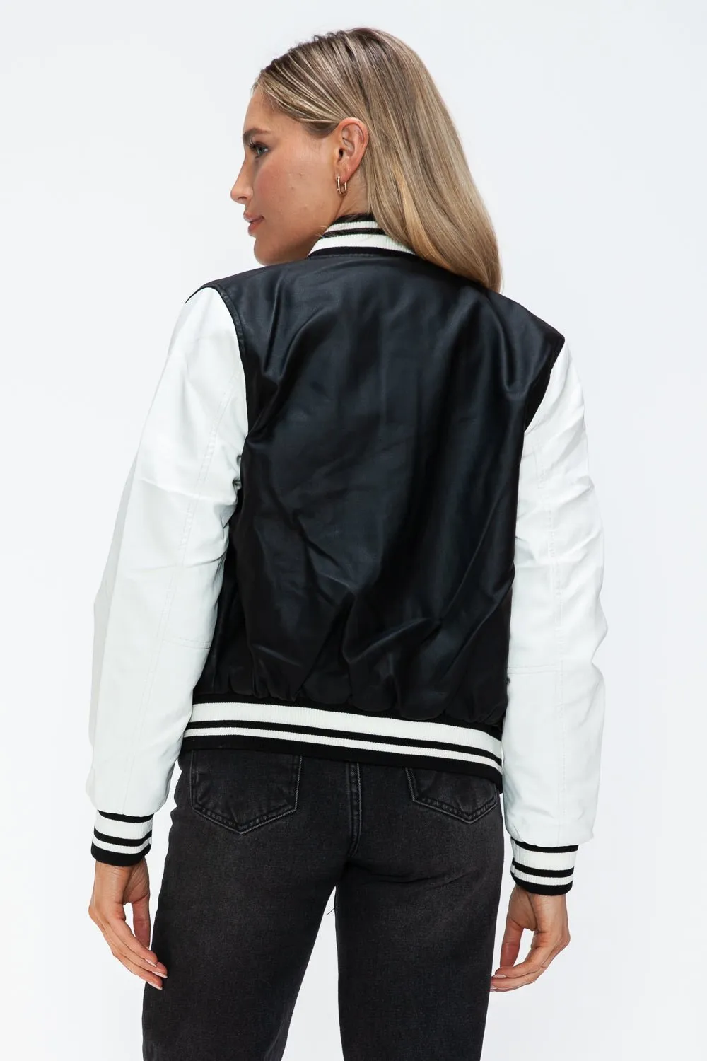 Black & White Vegan Leather Varsity Bomber Jacket