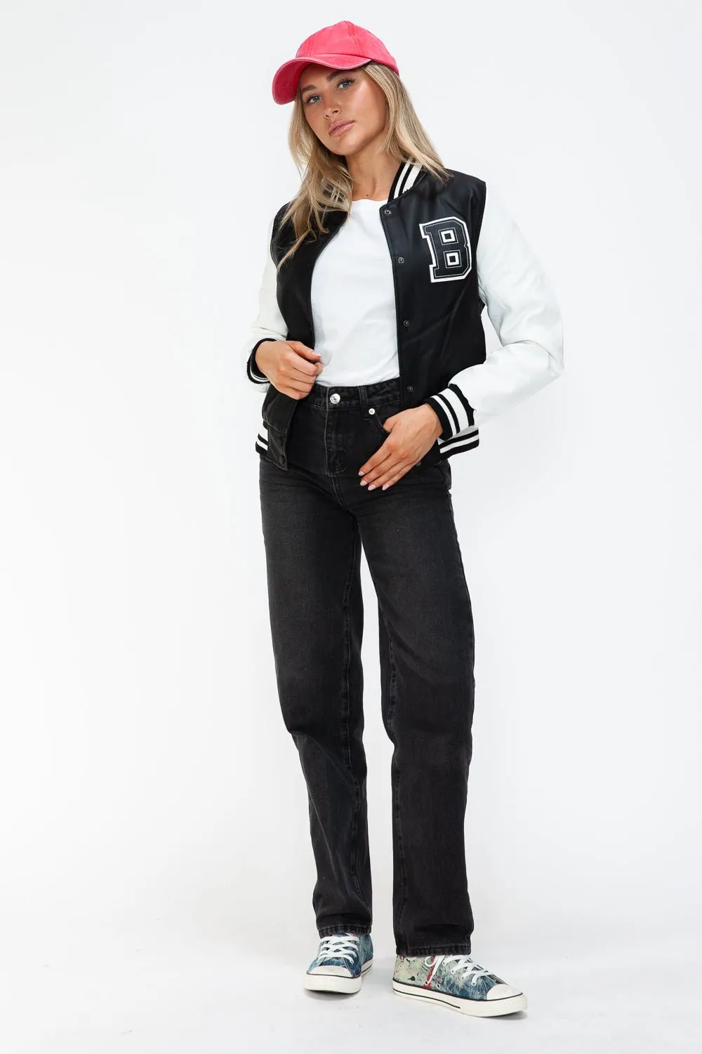 Black & White Vegan Leather Varsity Bomber Jacket