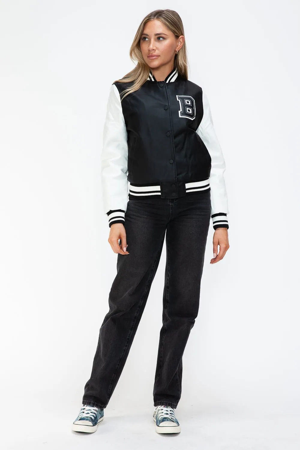 Black & White Vegan Leather Varsity Bomber Jacket