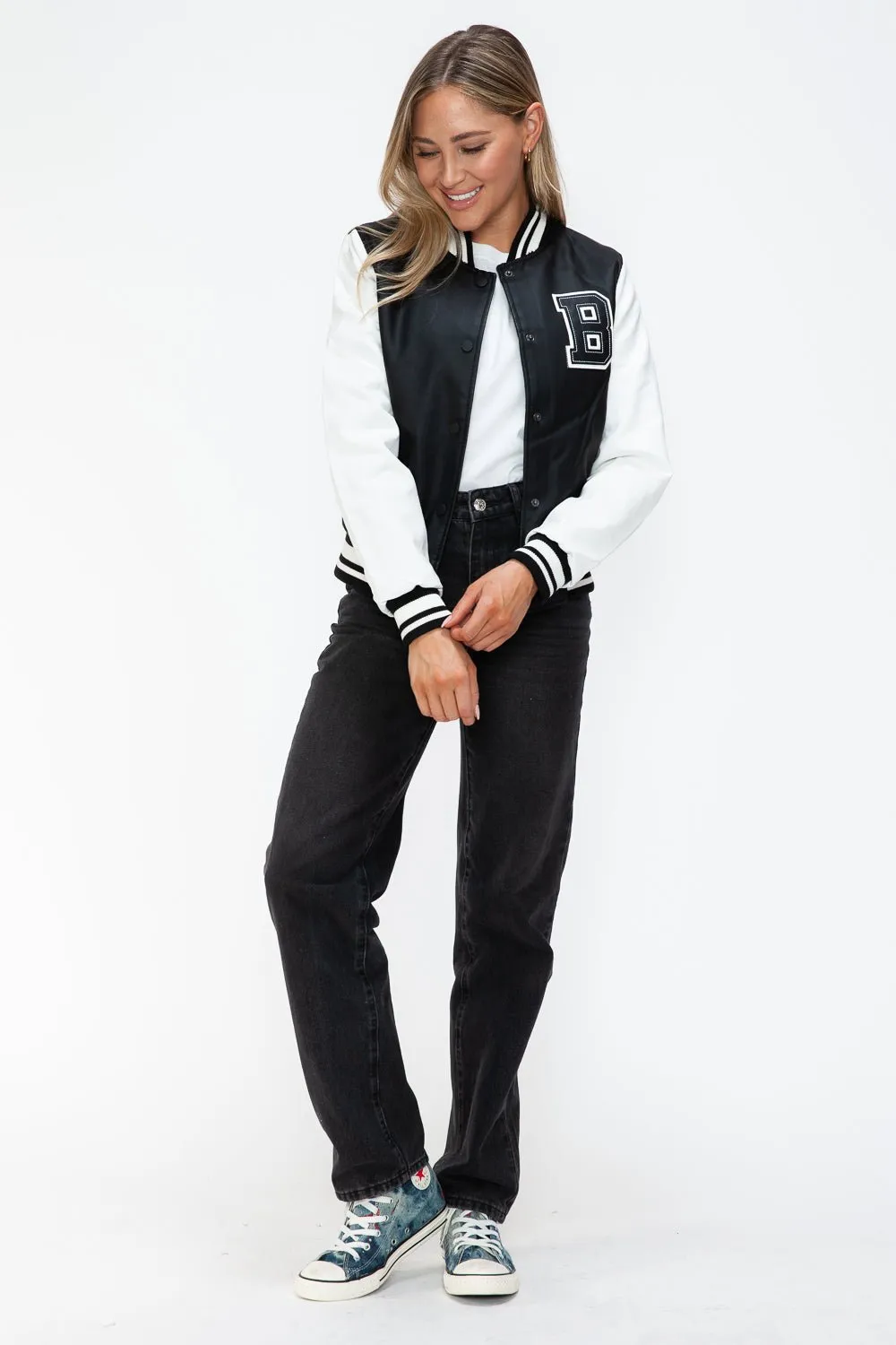 Black & White Vegan Leather Varsity Bomber Jacket