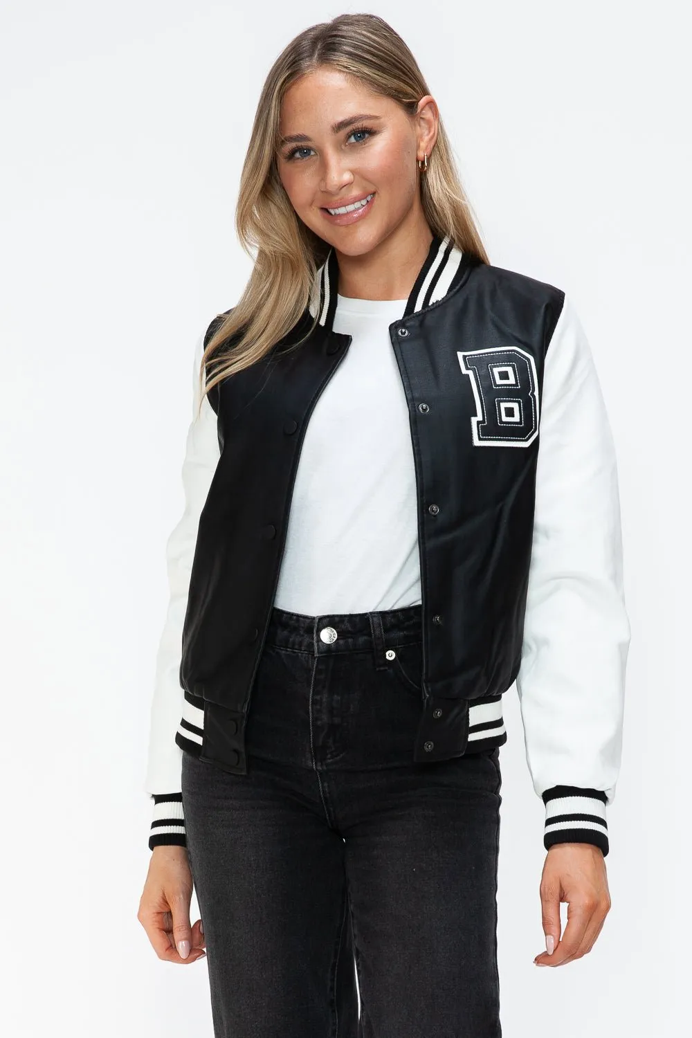 Black & White Vegan Leather Varsity Bomber Jacket