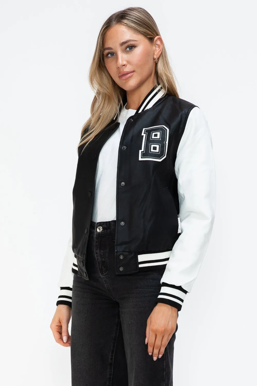 Black & White Vegan Leather Varsity Bomber Jacket