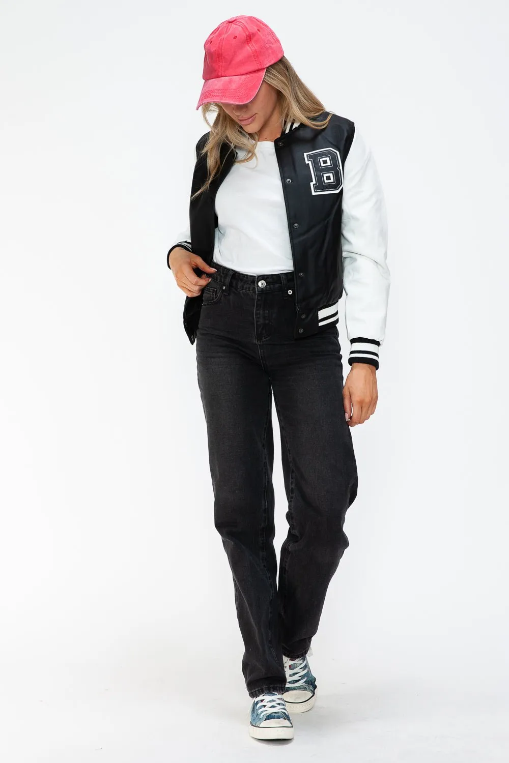 Black & White Vegan Leather Varsity Bomber Jacket