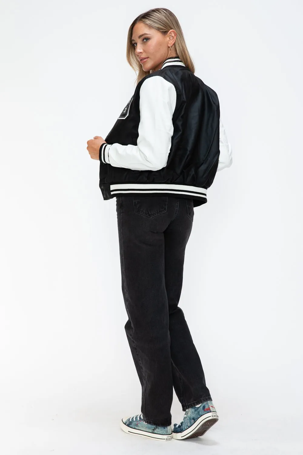 Black & White Vegan Leather Varsity Bomber Jacket