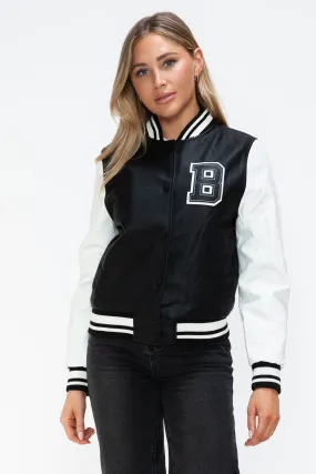 Black & White Vegan Leather Varsity Bomber Jacket