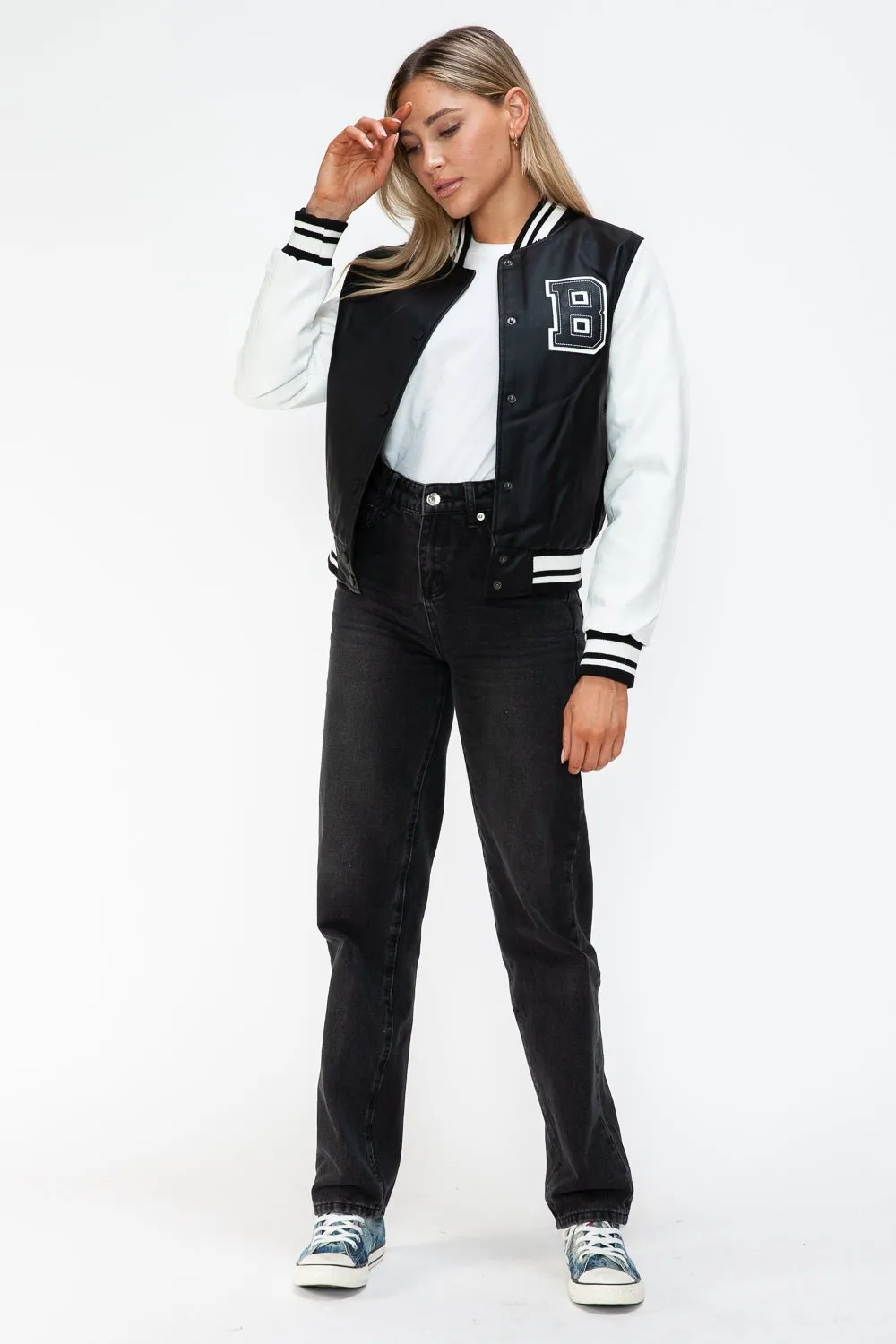 Black & White Vegan Leather Varsity Bomber Jacket