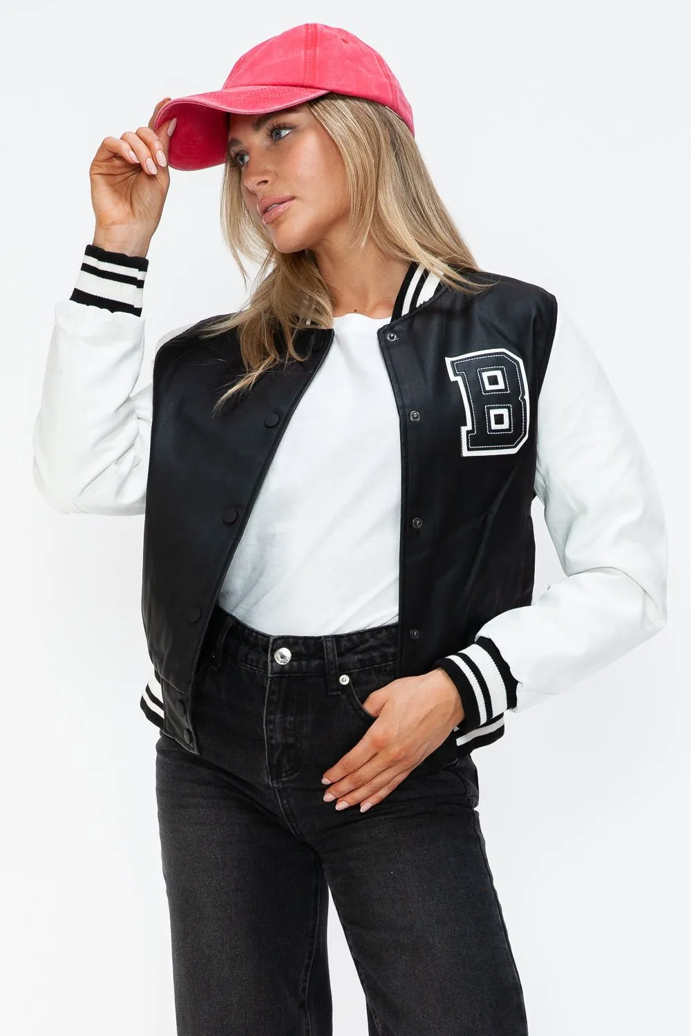 Black & White Vegan Leather Varsity Bomber Jacket