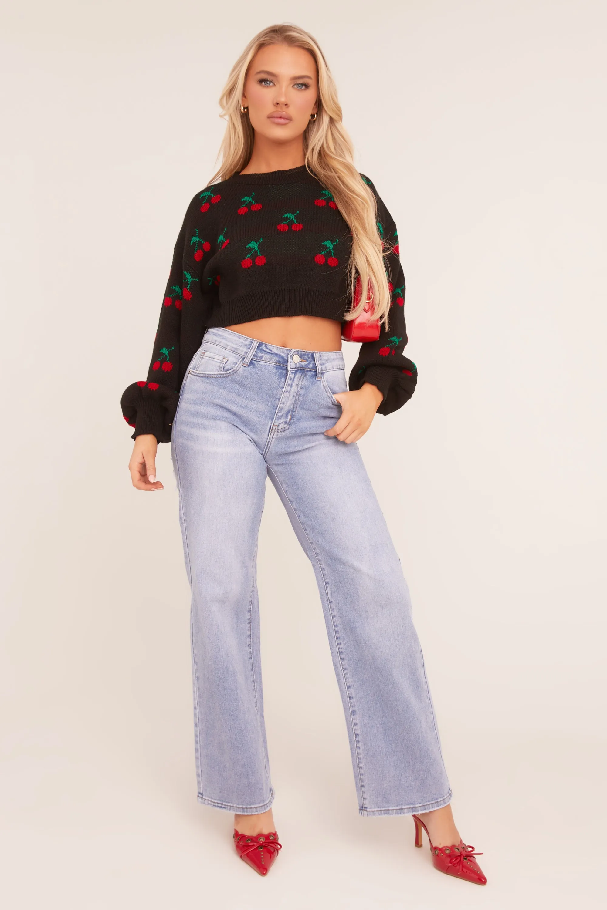 Black Cherry Print Cropped Jumper - Emaline