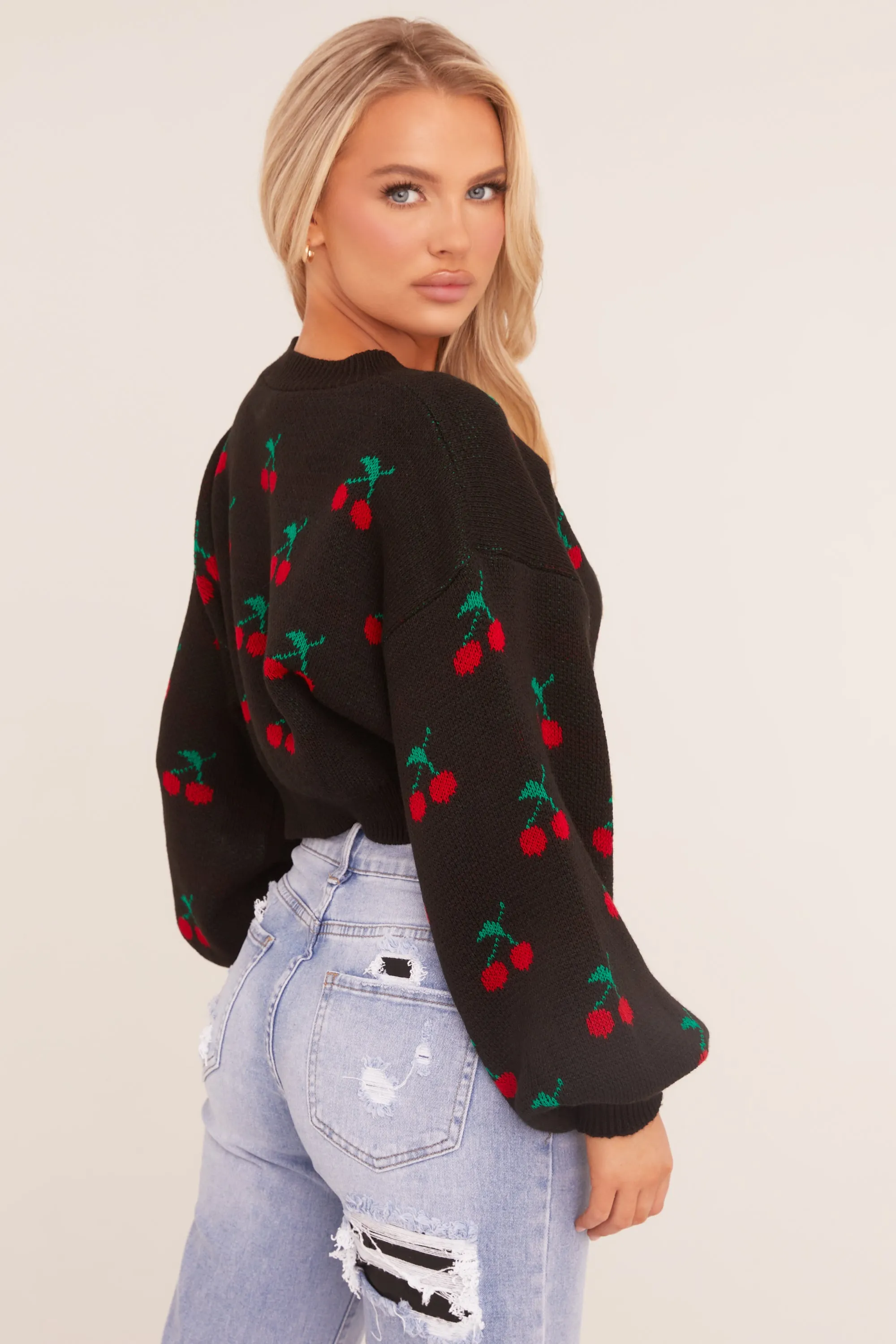 Black Cherry Print Cropped Jumper - Emaline