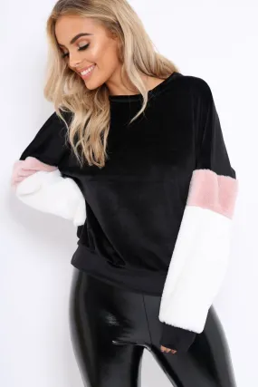 Black Soft Fur Jumper with Contrast Sleeves - Erla