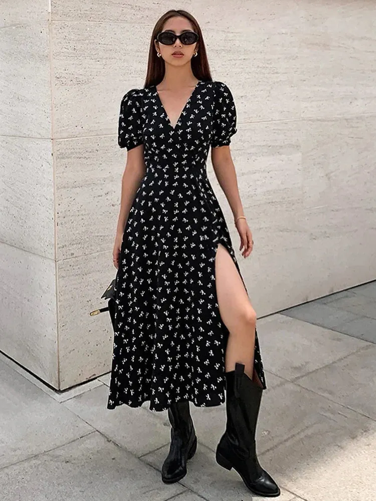 Black Vnecked Floral Printed Flare Midi Dress for Spring/Summer Vacation