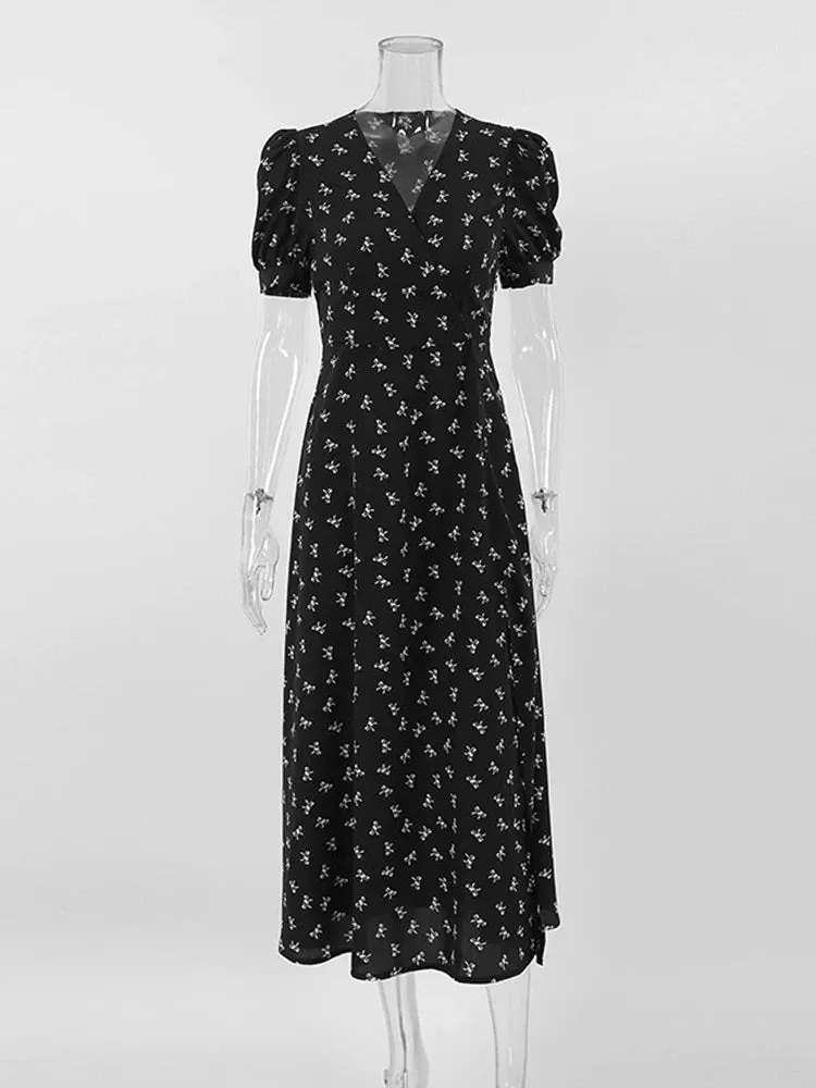 Black Vnecked Floral Printed Flare Midi Dress for Spring/Summer Vacation