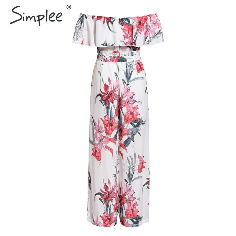 Bohemian floral print Elegant off shoulder sashes ladies long Summer beach ruffled playsuit Jumpsuit