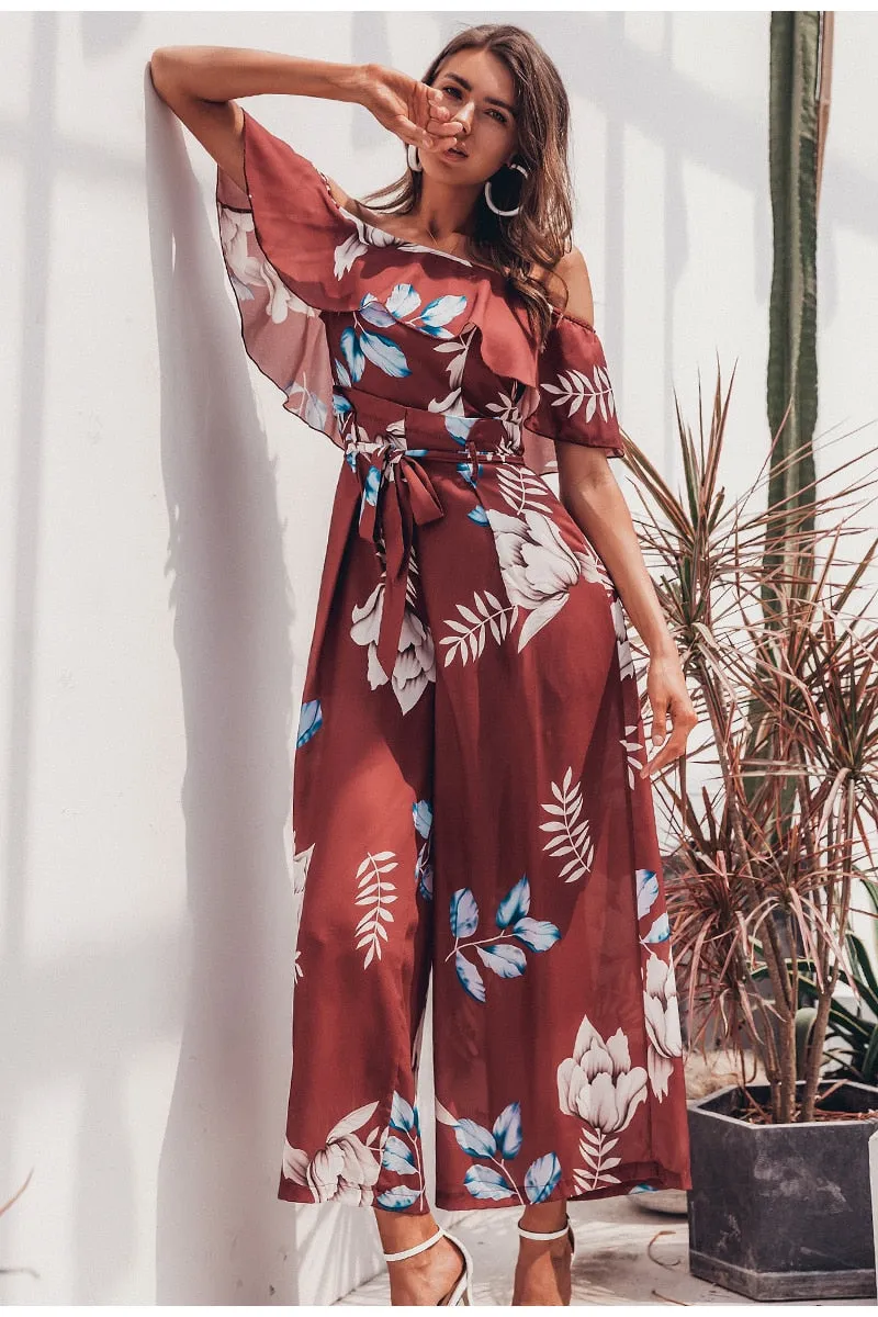 Bohemian floral print Elegant off shoulder sashes ladies long Summer beach ruffled playsuit Jumpsuit