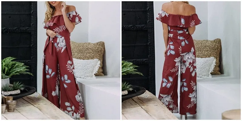 Bohemian floral print Elegant off shoulder sashes ladies long Summer beach ruffled playsuit Jumpsuit