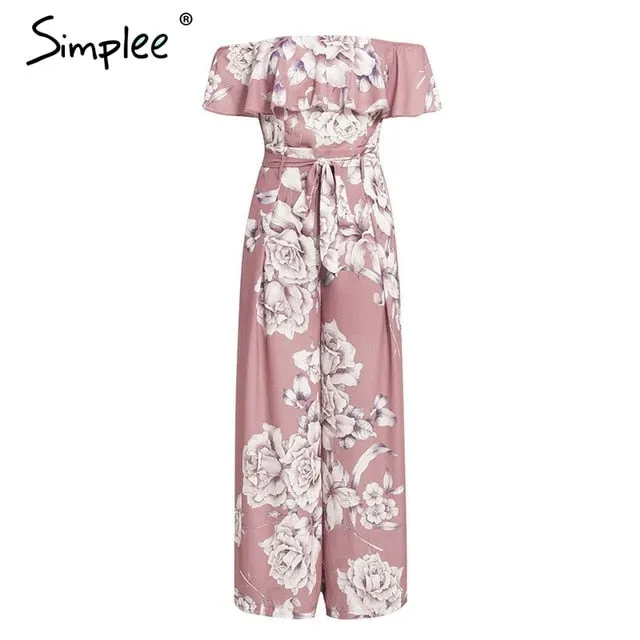 Bohemian floral print Elegant off shoulder sashes ladies long Summer beach ruffled playsuit Jumpsuit