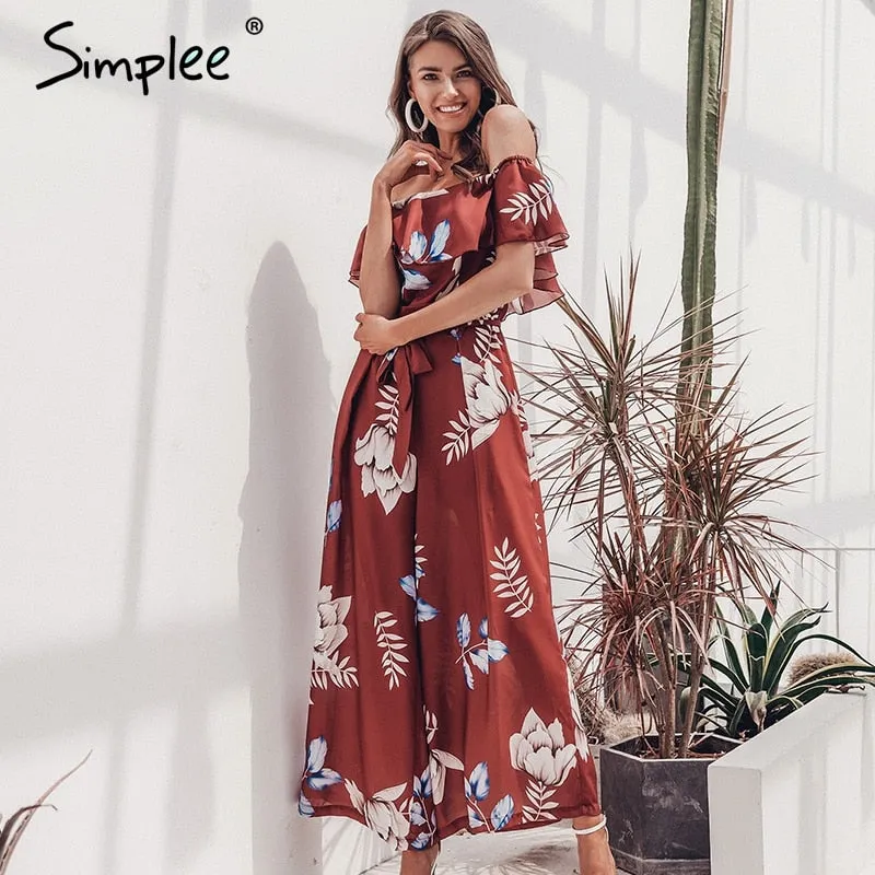 Bohemian floral print Elegant off shoulder sashes ladies long Summer beach ruffled playsuit Jumpsuit