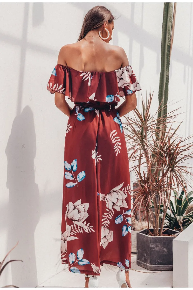 Bohemian floral print Elegant off shoulder sashes ladies long Summer beach ruffled playsuit Jumpsuit