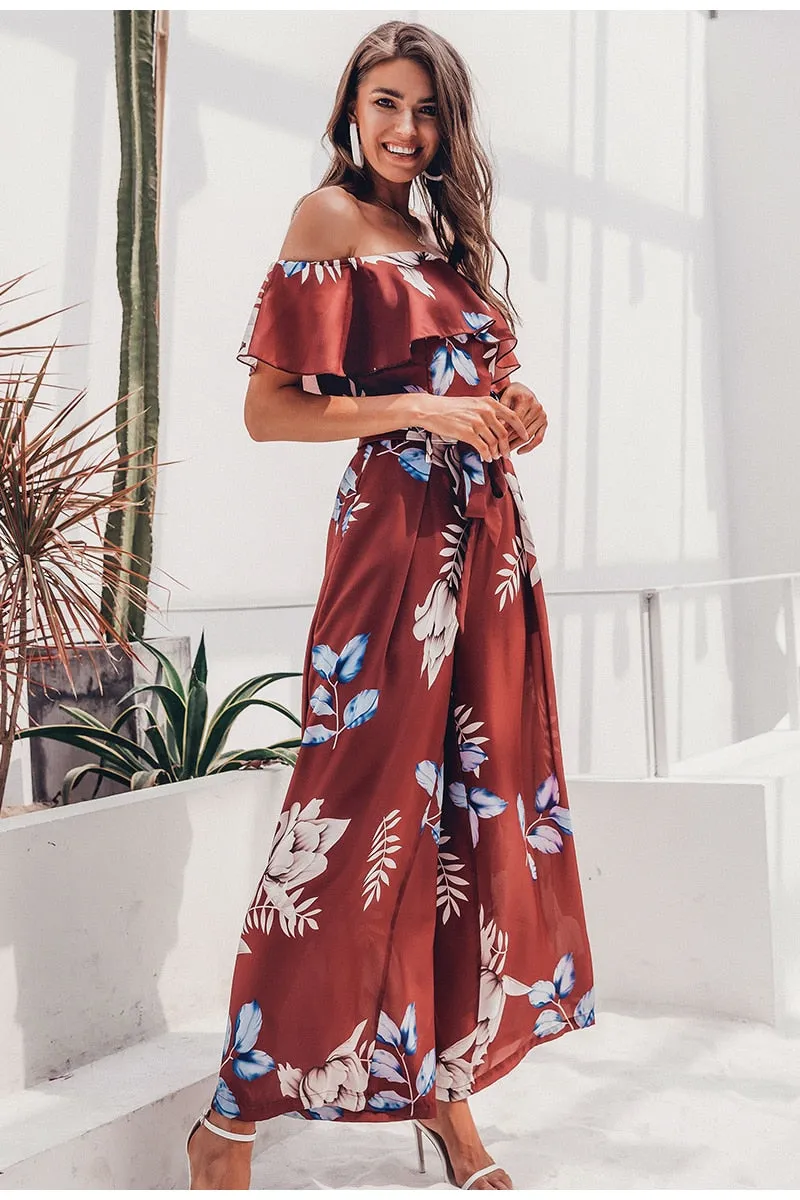 Bohemian floral print Elegant off shoulder sashes ladies long Summer beach ruffled playsuit Jumpsuit