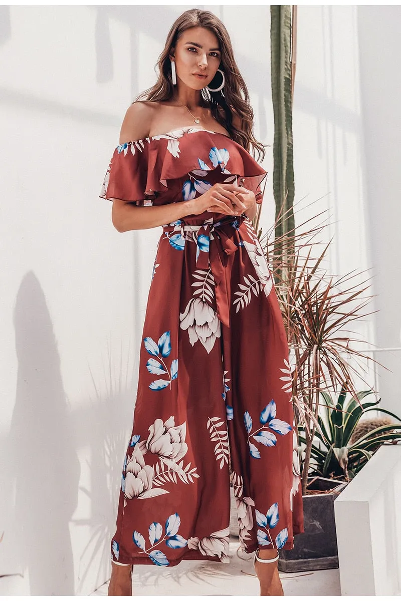 Bohemian floral print Elegant off shoulder sashes ladies long Summer beach ruffled playsuit Jumpsuit