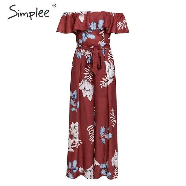 Bohemian floral print Elegant off shoulder sashes ladies long Summer beach ruffled playsuit Jumpsuit